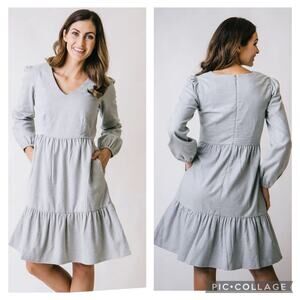 Hope & Henry New Gray Tiered Flannel Dress Size 4 Organic Cotton Pockets Neutral